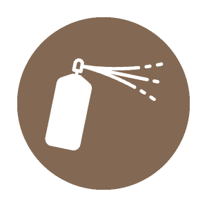 White graphic of a bottle spraying liquid on a brown background